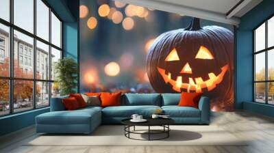 A pumpkin with a smiley face on it is surrounded by other pumpkins Wall mural