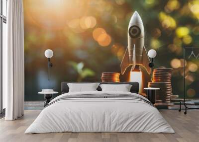 A rocket is on top of a pile of coins Wall mural