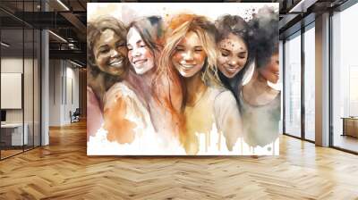 Happy women group for International Women’s day , watercolor style illustration by Generative Ai Wall mural