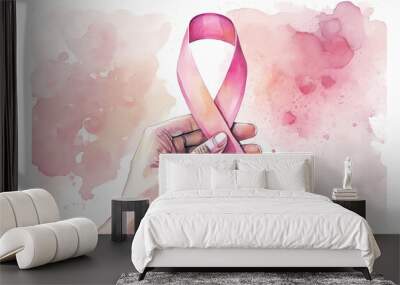 pink awareness ribbon in watercolor style , Generative Ai Wall mural