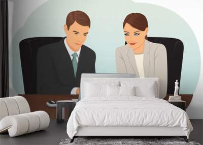 businessman and businesswoman working with laptop in the office Wall mural