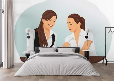 two businesswomen are looking at the document. team paperwork. Wall mural