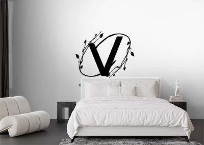 Vector Letter V with Elegant Ring Swoosh Decorative Leaf Vector Logo Wall mural