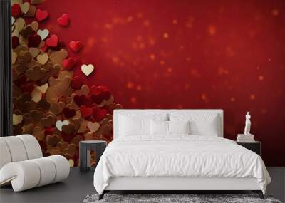 Golden confetti and pink hearts on a red background, copy space. Background of Valentines day concept. Wall mural