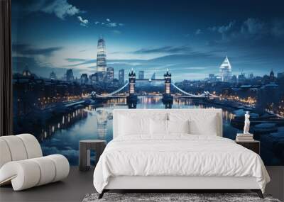 Panoramic view of a winter London city skyline at dusk, with the city lights reflecting off the icy surfaces and creating a magical Wall mural