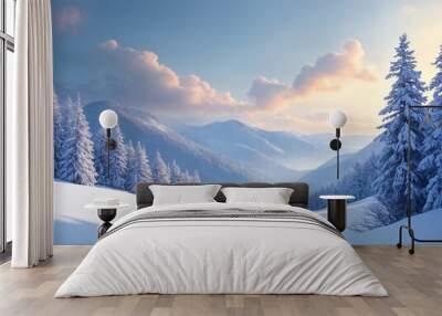 Photorealistic illustration of a winter landscape with snow-covered trees and grounds. Wall mural