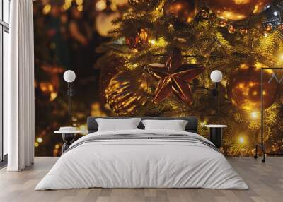 Christmas tree, decorated with light garland and toys Wall mural