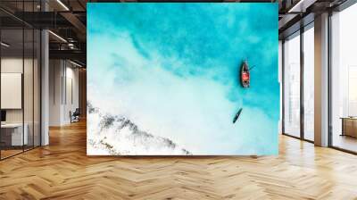 boat and ship in beautiful turquoise ocean near an island, top view, aerial photo Wall mural