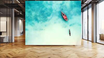 boat and ship in beautiful turquoise ocean near an island, top view, aerial photo Wall mural