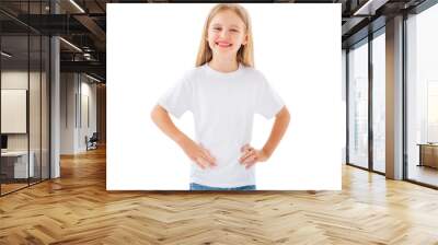 Cute little girl in white t-shirt, blamk for your design isolated on a white background Wall mural