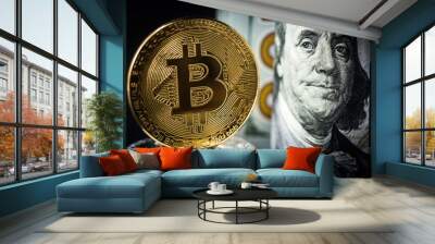 Gold bitcoin coin standing in front of dollar bills. New virtual money concept Wall mural