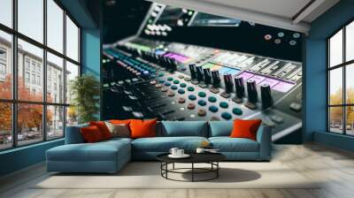 Sound control music mixer in record studio. Close up mixer and equalizer volume on the mixer amplifier. Digital audio system Wall mural