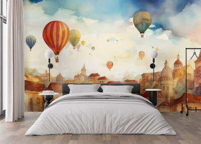 watercolor paint of City with a lot of beautiful houses and hot balloons in the sky , generative AI Wall mural