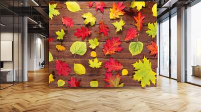 Autumn background with yellow, red and bright leaves.autumn foliage on the old wood. The layout offers and seasonal holiday card Wall mural