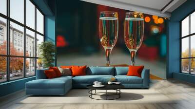 Beautiful two glasses of champagne standing on the table in the background of a blurred room with a decorated Christmas tree and fireplace. Soft focus. Shallow DOF Wall mural