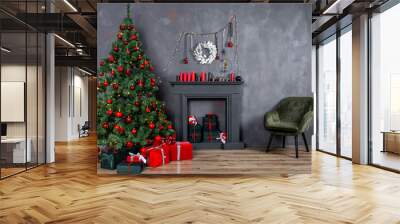 Christmas living room interior design with xmas tree decorated garland and ball, presents, gifts, fireplace and candles Wall mural