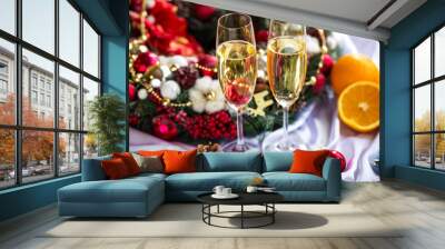 two champagne glass on christmas background Wall mural