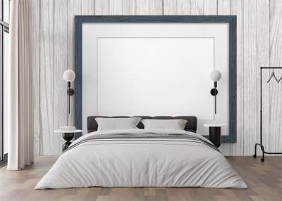 Empty frame. Blank dark grey mounted landscape frame on white wood panel wall Wall mural