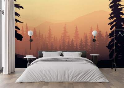 beautiful forest and mountains view at sunset Wall mural