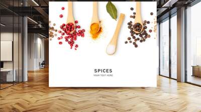 Different spices in bamboo spoon isolated on white background. Wall mural