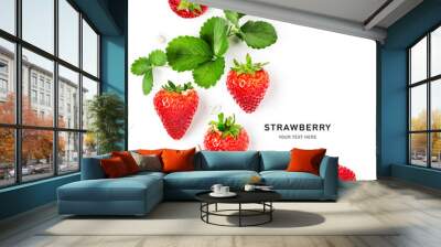 Strawberry fruits and leaves creative frame border isolated on white background. Wall mural