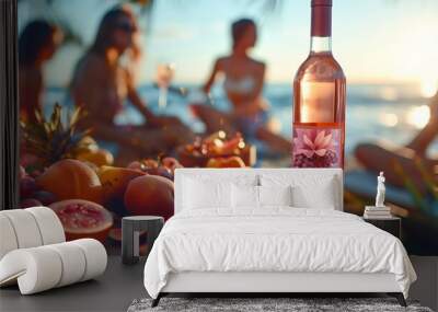 A bottle of pink wine on the table, surrounded by fruits and girls sitting around having fun at sunset beach picnic, with sunlight shining on them Wall mural