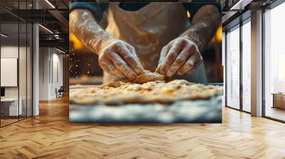 A close-up of hands in an apron kneading dough on the table Wall mural