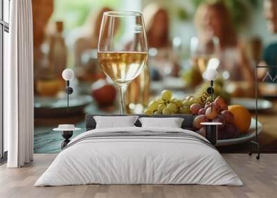 A glass of wine and fruit were on the table, with people in the background having fun at a party with a bottle of white wine Wall mural