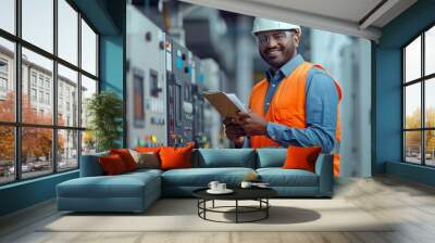 A happy Indian electrician in an orange safety vest and white hard hat stands next to high-tech power equipment Wall mural