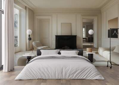 A photo of an elegant Parisian apartment living room, with white walls, a black fireplace, and wood details, with soft natural lighting Wall mural