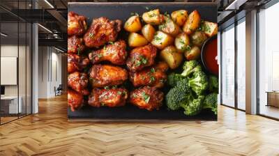 A platter of crispy fried chicken wings, surrounded by rustic roasted potatoes and vibrant green broccoli, placed on an elegant black slate board with intricate patterns Wall mural