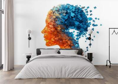 A profile view of the human head with an brain made out in puzzle pieces, white background, illustration style Wall mural