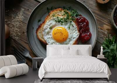 A rustic wooden table with an egg, toast, and jam on it Wall mural