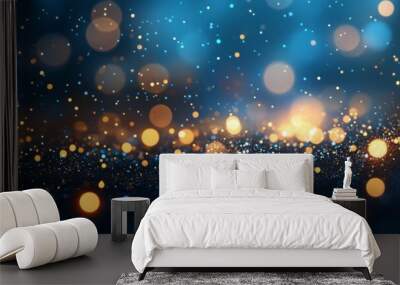 abstract background with golden and blue glitter particles, glowing lights and bokeh effect on dark blue background. Christmas or New Year celebration concept. Wall mural