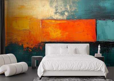 abstract painting, textured canvas with warm orange and teal tones, textured brush strokes creating an abstract background with geometric shapes in the foreground Wall mural