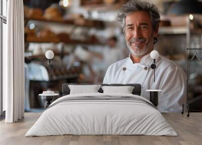 An attractive middle-aged Italian male baker wearing a white uniform Wall mural