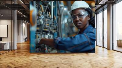 An female technician is using an angle grinder to help with the electrician's work Wall mural