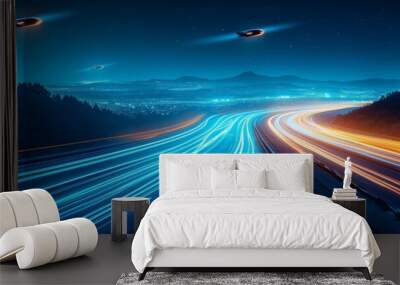 Blue technological light lines, road background, high speed and motion blur Wall mural