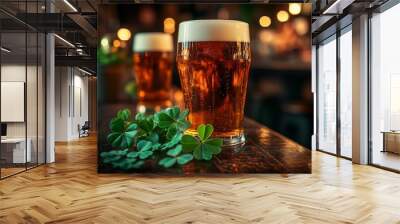 Culinary-themed St. Patrick's Day celebration with beer and clover leaves on a bar table in a pub Wall mural