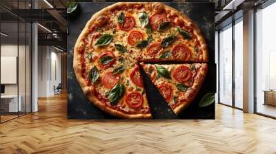 Delicious pizza with tomatoes and basil on a dark background Wall mural