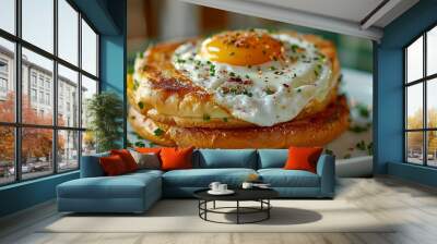 Eggs on warm, golden-brown brioche bun with sour cream and chives to match the sunny side up egg inside for an American breakfast sandwich Wall mural