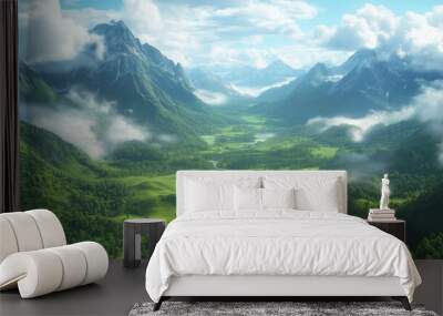 Green valley with mountains and clouds, forest on the hills, river in the distance, fantasy landscape Wall mural