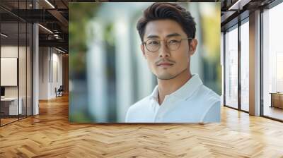 portrait of a handsome muscular man in a white polo shirt with glasses, a 30 year old Asian male Wall mural