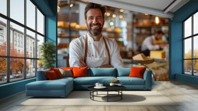 portrait of smiling bearded man standing in front to cheese counter with arms crossed Wall mural