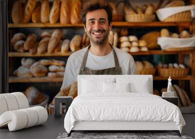 Sales with smile in bakery shop selling breads Wall mural