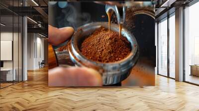 The hands of a barista using the portafilter in closeup photography style. Depending on your imagination Wall mural