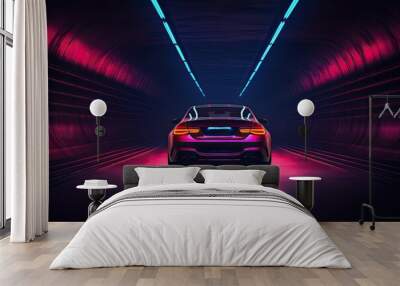 3D rendering of a car in a dark tunnel with neon lights, Car in a tunnel with neon lighting, front view, AI Generated Wall mural