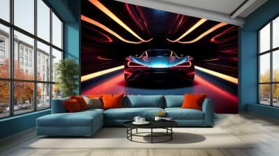 3D rendering of a futuristic car in a tunnel with neon lights, A captivating image of a car engulfed in a tunnel, AI Generated Wall mural