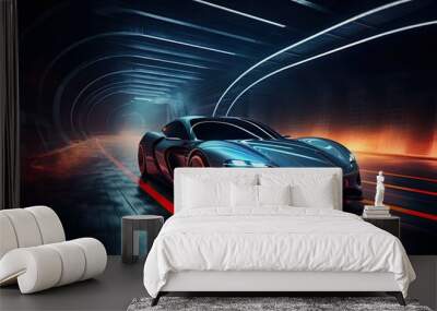 3D rendering of a sports car on a dark road with neon lights, A sports car a futuristic autonomous vehicle on a trail, AI Generated Wall mural