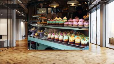 A food truck filled to the brim with a wide variety of delicious cupcakes, ready to be enjoyed by dessert lovers and sweet tooth enthusiasts, Food truck selling cupcakes and pastries, AI Generated Wall mural